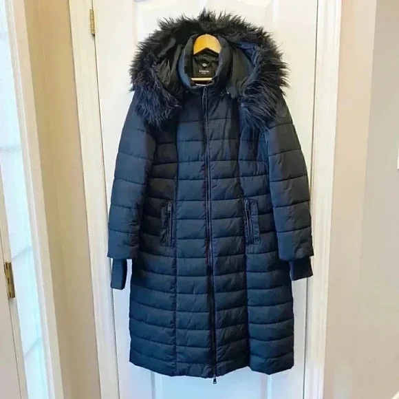 Bebe Long Quilted Winter Puffer Coat Faux Fur Trim Hood Black Size Large - Picture 3 of 16